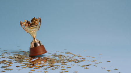 A close-up shot of a golden trophy with a wooden base, lying on a scattering of star-shaped confetti against a plain blue backdrop.の素材