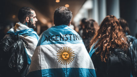 A group of fans proudly display the Argentinian flag, showing their support for their country at a sports event.の素材