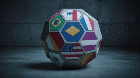 A unique geometric soccer ball adorned with various national flags, set against a dark, textured background.の素材