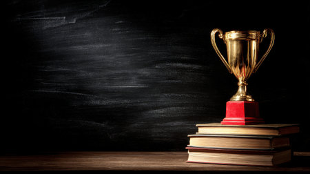 A golden trophy sits atop a stack of old books, symbolizing achievement and knowledge, set against a dark, textured backdrop.の素材