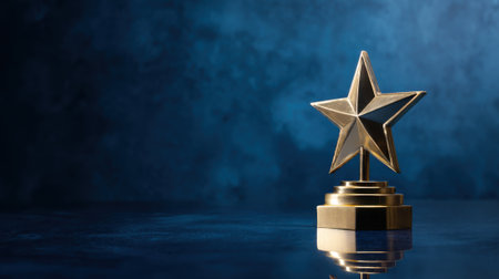 A gleaming golden star trophy stands proudly on a reflective surface, set against a moody, dark blue textured background with subtle lighting.の素材