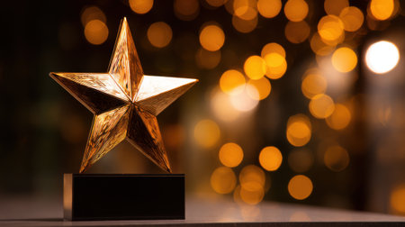 A close-up shot of a golden star trophy placed on a dark base, with a bokeh effect of warm orange lights in the background.の素材