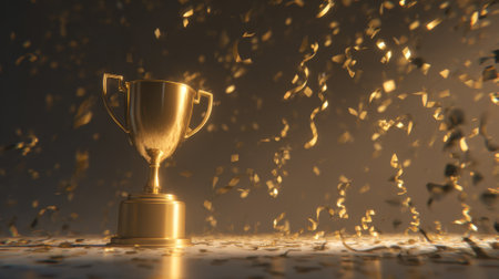 A gleaming golden trophy stands proudly amidst a shower of golden confetti, symbolizing triumph and success.の素材