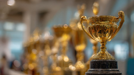 A close-up shot of a gleaming golden trophy cup, symbolizing achievement and victory, with a blurred background of similar awards.の素材