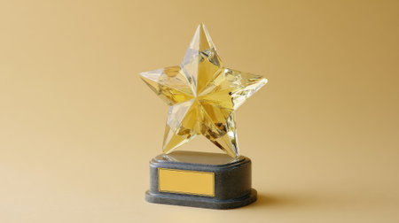 A single golden star trophy with a blank plaque sits on a plain, light brown background.の素材