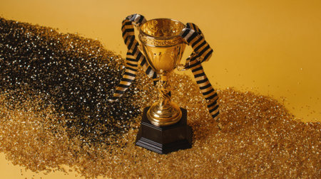 A gleaming golden trophy stands proudly on a dark base, adorned with striped black and white ribbons. It is surrounded by a generous scattering of gold and black confetti, creating a festive and celebratory atmosphere.の素材