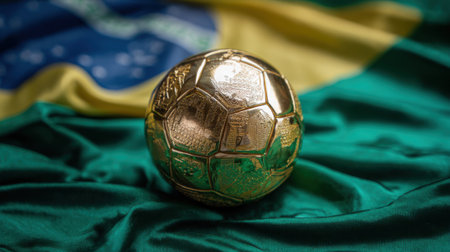 A close-up shot of a golden soccer ball resting on a draped Brazilian flag, symbolizing national pride and sporting achievement.の素材
