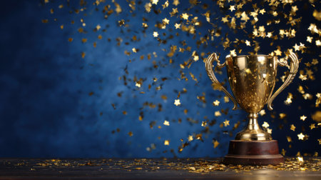 A golden trophy stands proudly on a dark surface, showered with sparkling gold confetti against a deep blue textured background, symbolizing victory and achievement.の素材