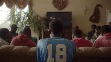 A group of friends or family are gathered in a living room, watching television. The focus is on the back of a young man wearing a blue jersey with the number 18.の素材