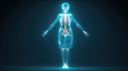 A futuristic holographic projection of the human skeletal and organ system in a glowing blue and white light against a dark backdrop.の素材