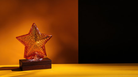 A single golden star award sits on a dark surface against a warm orange and black background.の素材