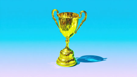 A gleaming golden trophy stands proudly against a vibrant blue gradient, casting a distinct shadow.の素材