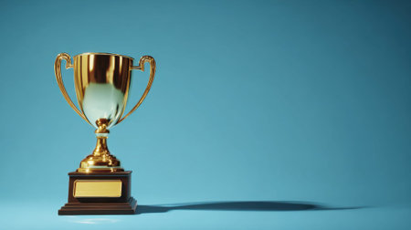 A gleaming golden trophy stands proudly on a vibrant blue surface, casting a long, dramatic shadow.の素材