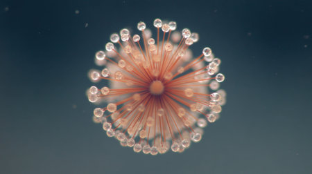 A close-up, detailed view of a single cell exhibiting a complex structure with numerous small tentacles or appendages.の素材