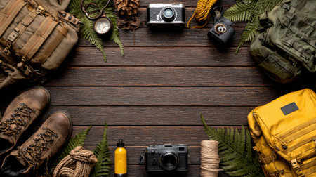 A collection of essential outdoor adventure gear, including boots, backpacks, cameras, and survival tools, arranged on a rustic wooden surface.の素材