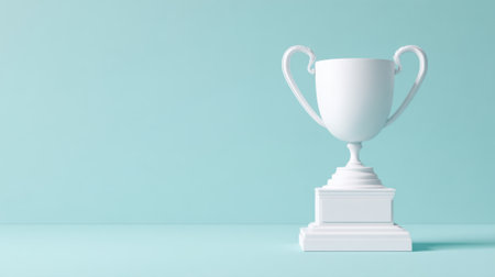A clean, modern white trophy stands against a soft pastel blue backdrop, symbolizing achievement and success.の素材