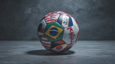A soccer ball with various national flags printed on its panels, set against a textured concrete surface.の素材