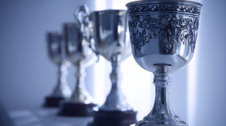 A close-up shot of several gleaming silver trophies lined up on a shelf, with the nearest one in sharp focus.の素材