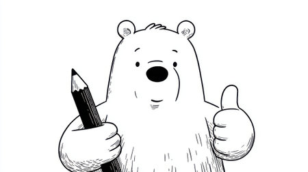 A charming hand-drawn illustration of a polar bear holding a large pencil and giving a thumbs-up gesture, conveying approval or encouragement.の素材
