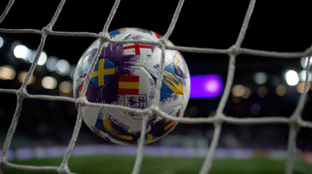 A soccer ball is caught in the net of a goal during a sporting event, with stadium lights blurred in the background.の素材