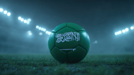 A green soccer ball with the Saudi Arabian flag emblem sits on a grassy stadium field under bright stadium lights.の素材