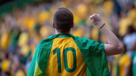 A soccer player in a green and yellow jersey with the number 10 on the back celebrates with a clenched fist in front of a blurred crowd of cheering fans.の素材