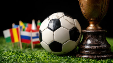 A soccer ball rests on green grass next to a trophy, with small flags of various nations in the background.の素材
