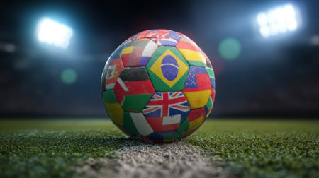 A soccer ball covered in various national flags sits on a grassy field in a stadium, illuminated by bright lights.の素材