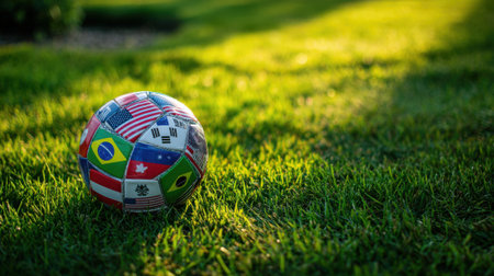 A soccer ball with various country flags on a green grass field during sunsetの素材