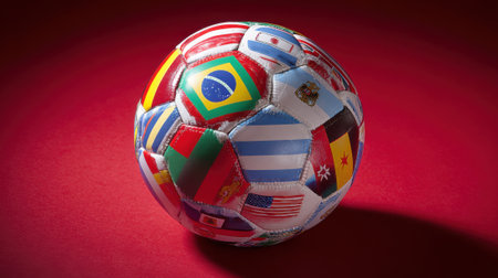 A soccer ball adorned with the flags of various nations, set against a vibrant red backdrop.の素材