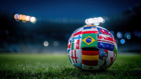 A soccer ball adorned with various national flags rests on a green field under the glow of stadium lights at night.の素材
