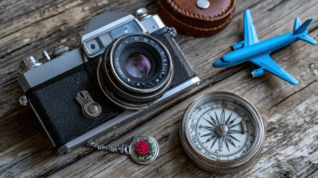 A collection of travel-related items including a vintage camera, compass, toy airplane, and pocket watch arranged on a rustic wooden surface.の素材