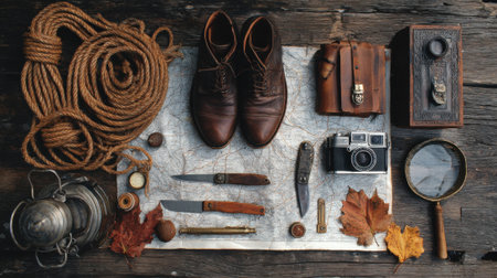 A collection of vintage travel items including a rope, boots, camera, magnifying glass, and map, arranged on a rustic wooden background.の素材