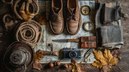 A flat lay composition of vintage travel items including boots, map, compass, camera, and rope.の素材