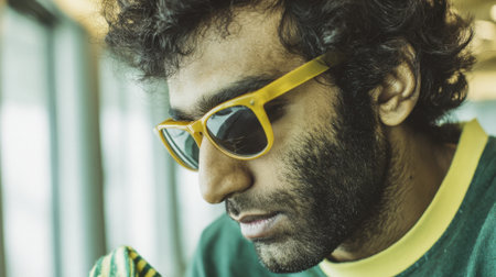 Close-up of a young man with curly hair and a beard wearing bright yellow sunglasses, looking down with a thoughtful expression.の素材
