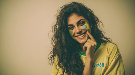 A cheerful young woman with curly dark hair and green and yellow face paint smiles as she touches her cheek, wearing a yellow shirt.の素材