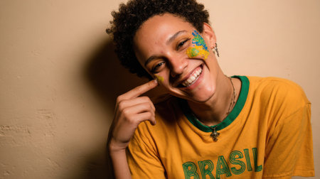 A young woman with curly hair and face paint in the colors of the Brazilian flag smiles and points to her cheek.の素材