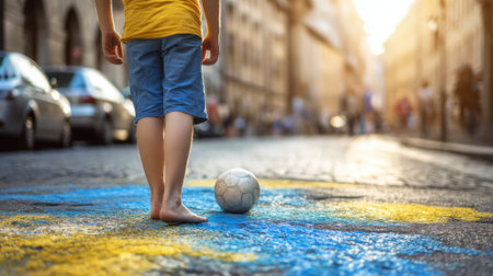 A young boy stands barefoot on a cobblestone street, a soccer ball at his feet, with colorful chalk drawings around him. The sun shines brightly.の素材