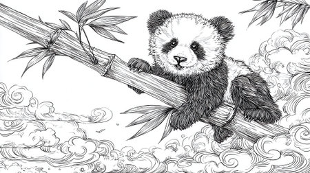 A charming black and white illustration of a young panda bear holding onto a bamboo stalk, surrounded by whimsical cloud patterns.の素材