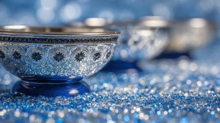 An intricately decorated bowl with blue and silver patterns sits on a bed of shimmering blue glitter.の素材