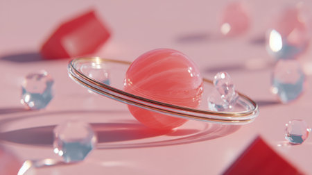 A close-up, abstract view of a pink planet-like sphere with rings, surrounded by clear bubbles and geometric shapes on a pink background.の素材