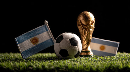 A soccer ball and the World Cup trophy are displayed on grass with two Argentinian flags.の素材