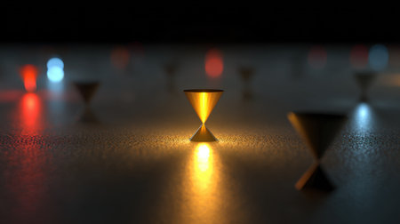 A dark, abstract scene featuring multiple geometric shapes, possibly chalices, illuminated by vibrant red, blue, and yellow lights creating a bokeh effect.の素材