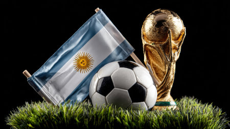 A golden World Cup trophy, a classic soccer ball, and the Argentinian flag are displayed on green grass against a dark background.の素材