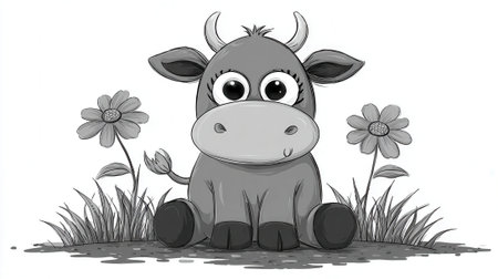 A charming black and white illustration of a baby cow with big eyes sitting amongst grass and flowers, perfect for childrens themes.の素材