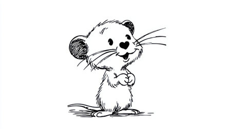A charming black and white sketch of a small, fluffy mouse with large ears and a heart-shaped nose, looking up with a happy expression.の素材