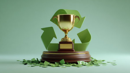 A golden trophy stands proudly on a wooden pedestal, symbolizing achievement in environmental protection and recycling.の素材