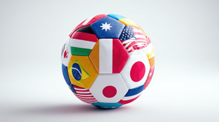 A soccer ball with panels displaying flags of various nations, symbolizing global unity and sports.の素材