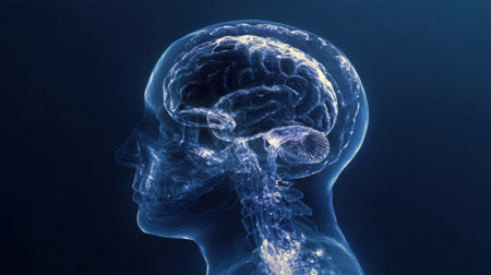 A detailed 3D render showcasing the transparent human brain and nervous system, highlighting its intricate structure.の素材