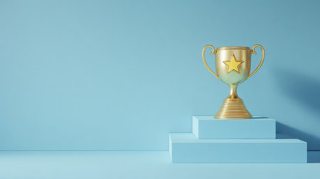 A golden trophy with a star emblem sits on a light blue pedestal, casting a shadow on a solid blue background.の素材